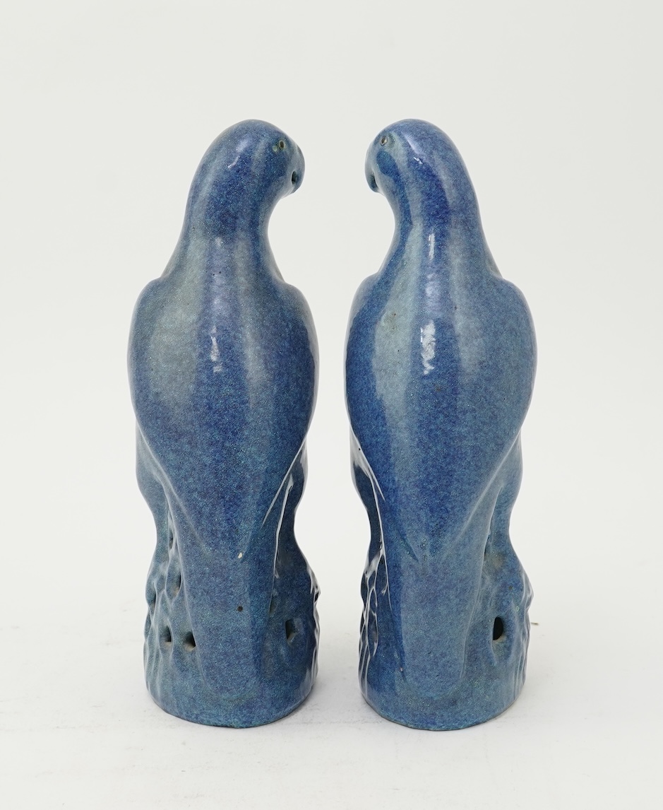 A pair of Chinese blue mottle glazed models of parakeets, 19th century